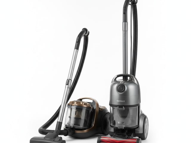 Side-by-side comparison of a compact bagless model with visible dust cup next to a larger bagged unit with extended hose attachment.