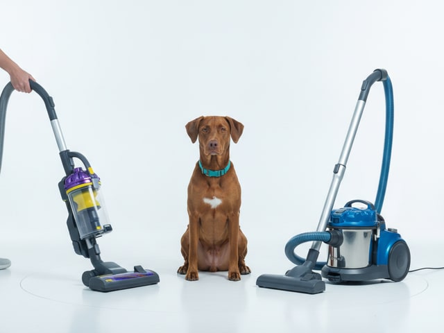 Two different vacuum models positioned on either side of a brown dog against a white background.
