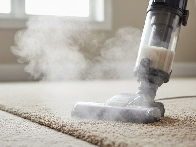 Steam cleaner releasing water vapor while cleaning beige carpet under natural light