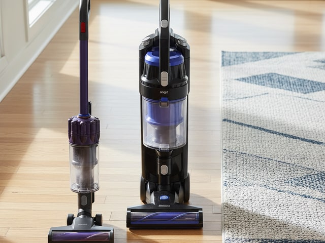 Side-by-side comparison of compact purple spot cleaner and larger black upright carpet cleaner