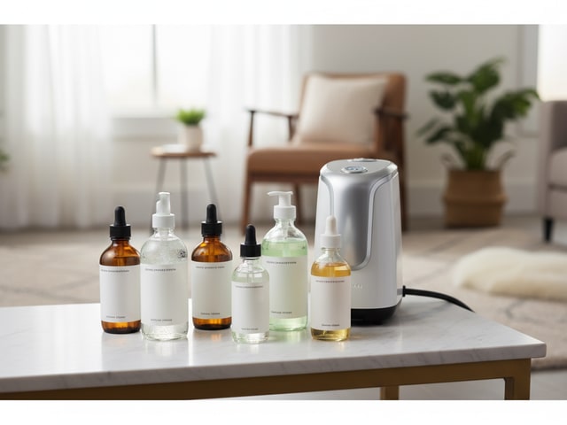 Pet-safe carpet cleaning solution bottles and enzyme formulas beside modern steam cleaner