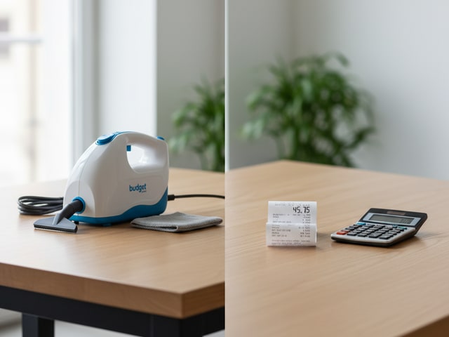 Budget steam cleaner beside rental cost receipt and calculator on wooden table