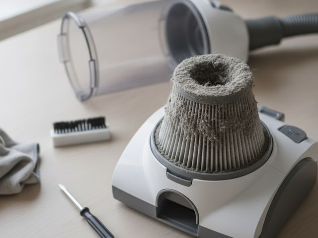 Clogged vacuum filter with dust buildup beside cleaning tools and brush