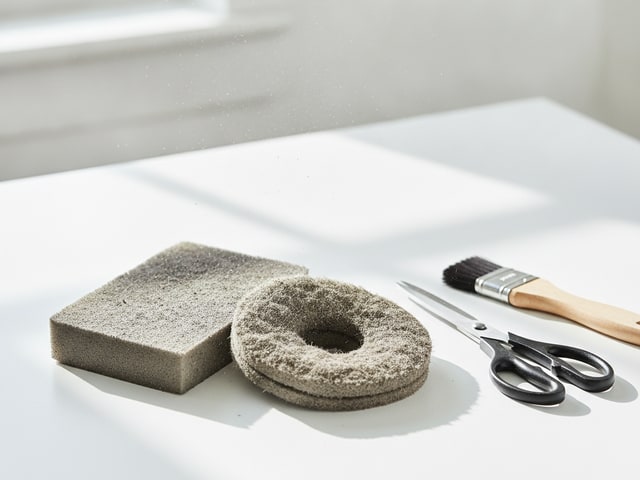 Weathered foam and felt vacuum filters with scissors and soft brush on white surface