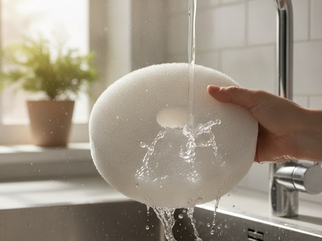 White foam vacuum filter being rinsed under running water in kitchen sink