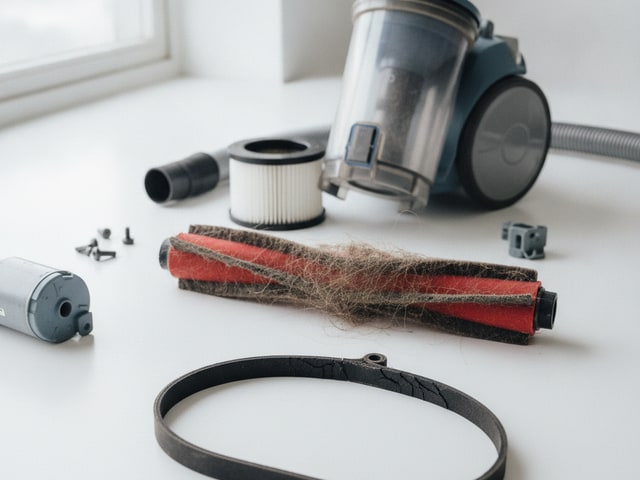 Disassembled budget vacuum with worn belt, dusty filter, and brush roll parts displayed