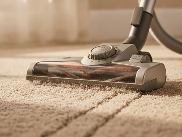 Upright vacuum brush roll and height adjustment dial on plush carpet with natural light