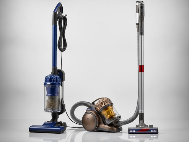 A blue upright vacuum with clear dust cup stands next to a bronze canister vacuum and a silver upright model with red accents.