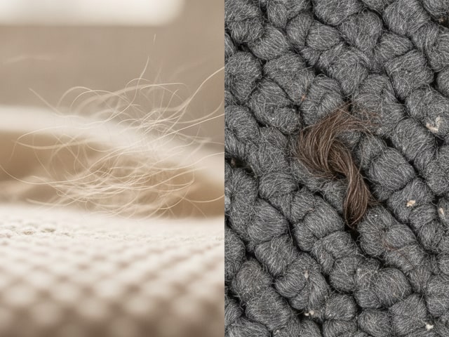 Fine cat hair suspended in light versus coarse dog hair embedded in carpet fibers