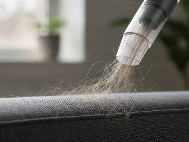 Vacuum nozzle extracting pet hair from gray upholstery with suspended wisps visible