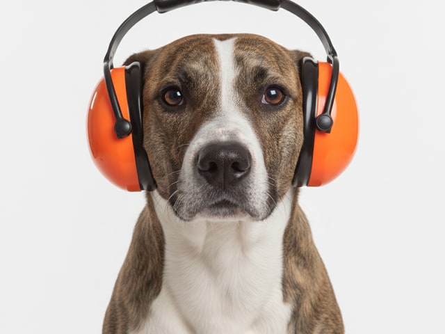 Brindle dog wearing bright earmuffs against white background, illustrating pet-friendly noise reduction features