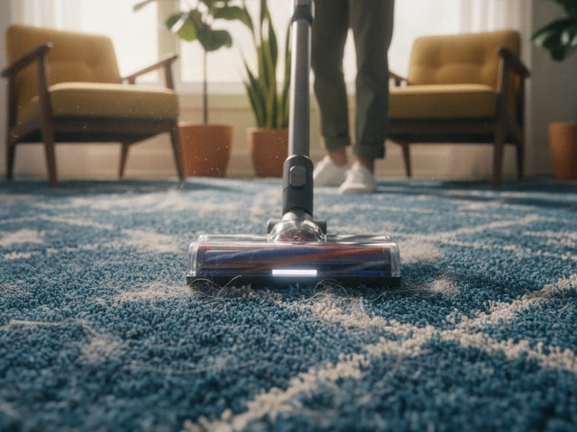 Person using a stick vacuum with powered brush attachment on residential carpet in a furnished room.