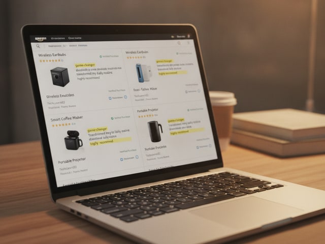 Laptop screen showing Amazon reviews with highlighted repetitive phrases and identical formatting patterns
