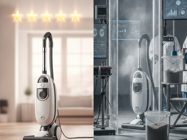 Split-screen showing pristine vacuum with five stars versus same model in laboratory testing with measurement tools and performance charts