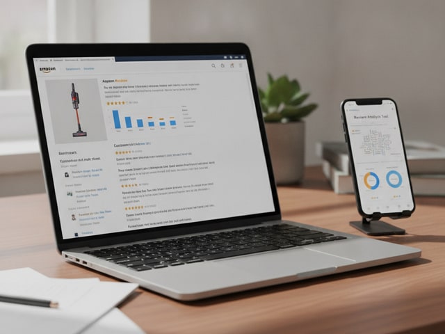 Laptop showing Amazon vacuum product page with star ratings and reviews, smartphone displaying review-analysis tool nearby