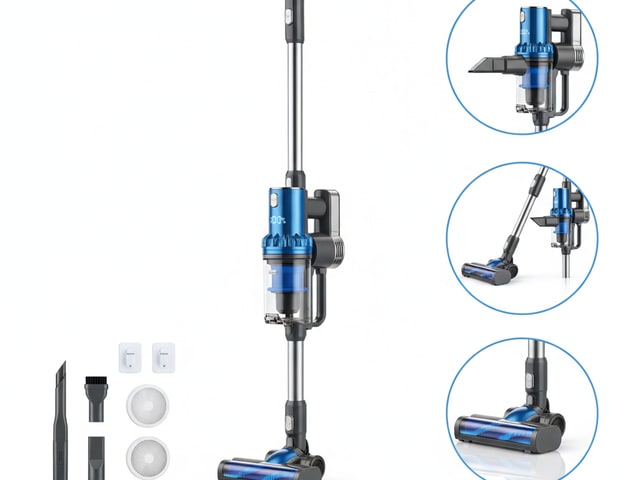 Multi-use vacuum system with blue motor unit, extension wand, floor brush, and interchangeable attachment heads laid out flat.