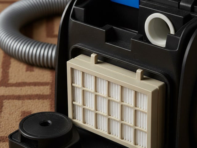 Close-up of white pleated HEPA filter inside canister vacuum cleaner housing