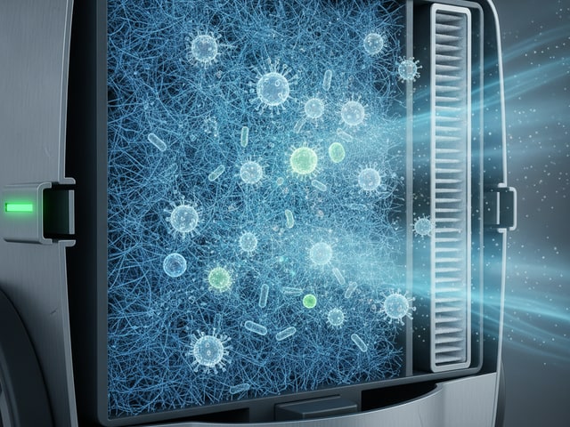 HEPA filter close-up showing blue fibers trapping dust particles and airborne contaminants