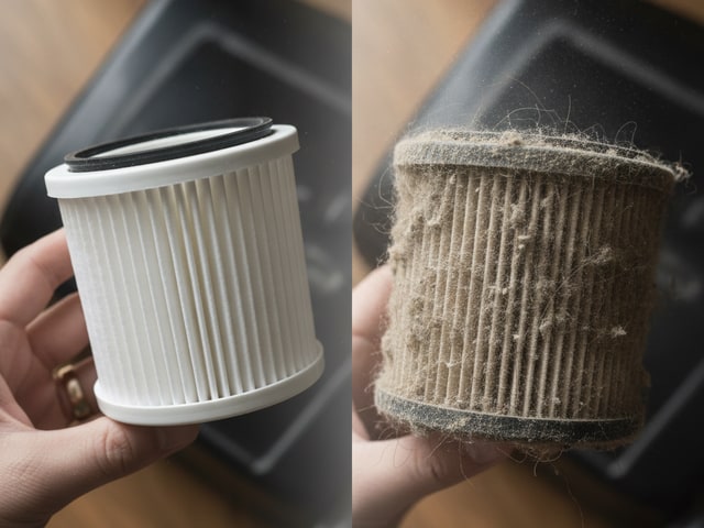Split-screen comparison of clean versus clogged cylindrical vacuum HEPA filters side-by-side