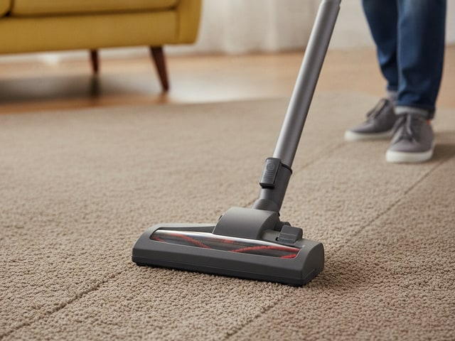 Vacuum cleaner with brush roll actively cleaning thick beige carpet in living room
