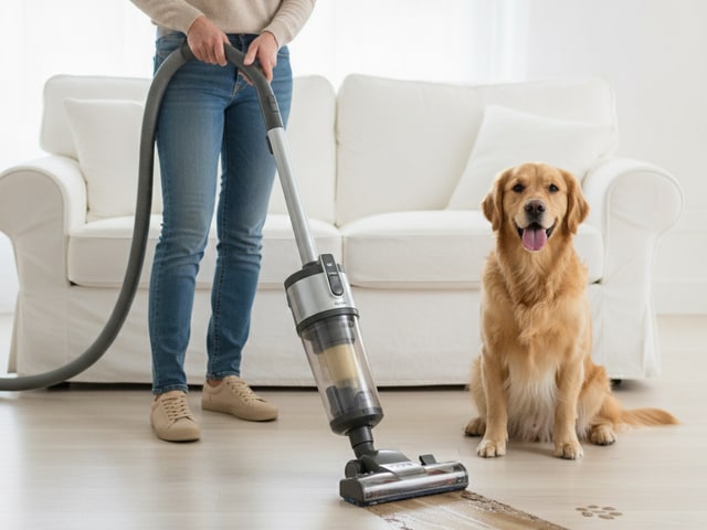 Woman vacuuming wet paw prints from wooden floor while golden retriever watches nearby