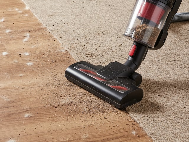 Upright vacuum with HEPA filter cleaning pet hair from carpet and wooden floor