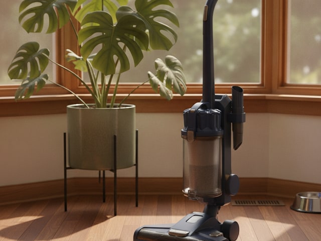 Upright vacuum cleaner with black base and transparent dust bin standing beside a monstera plant in modern interior.