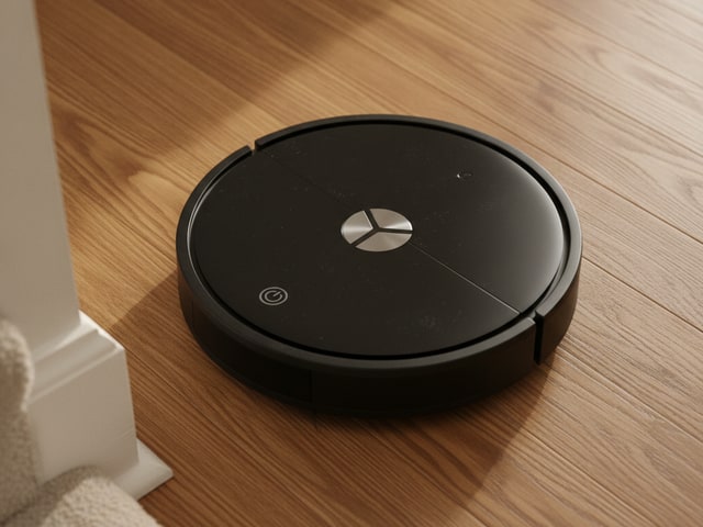 Dark circular robot vacuum navigating a wood-grain floor with partial view of a room's corner and edge.