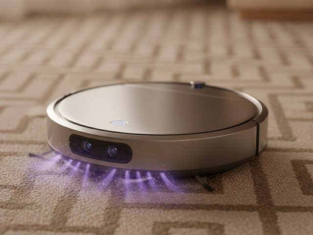 Disc-shaped automated vacuum with metallic finish and camera lenses showing purple illumination underneath on patterned floor.
