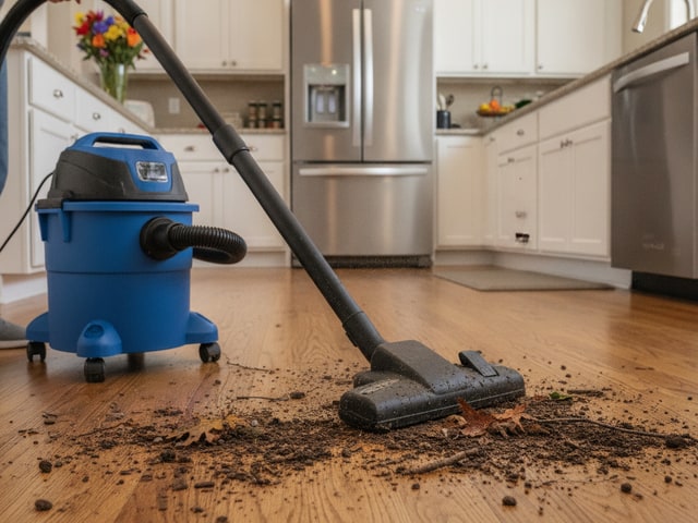 Blue cylindrical shop vac with hose and floor brush collecting dirt pile on wooden kitchen floor.