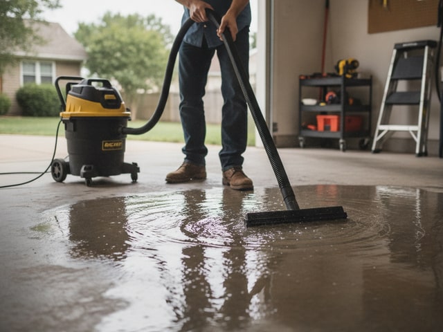 Person using a wet/dry shop vac with floor tool attachment to clean up standing water from a concrete garage floor.