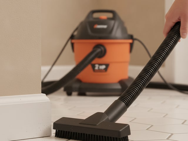 Close-up of a floor brush tool being held against white baseboards, with an unfocused shop vacuum in orange and black visible behind it.