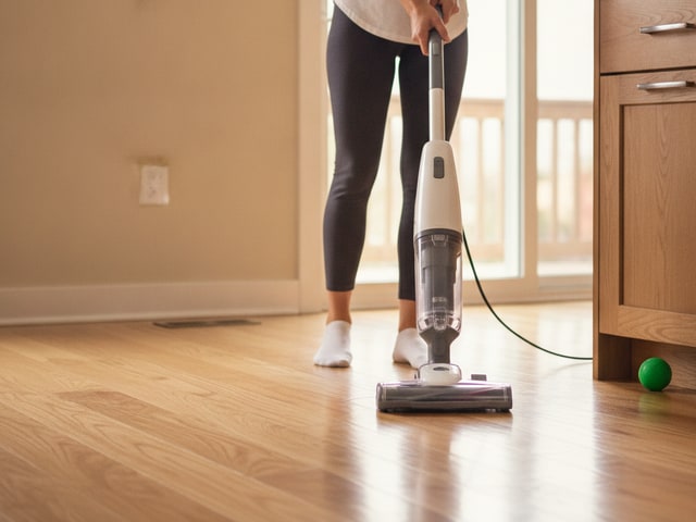 Person using lightweight upright vacuum on hardwood kitchen floor with smooth, controlled motion