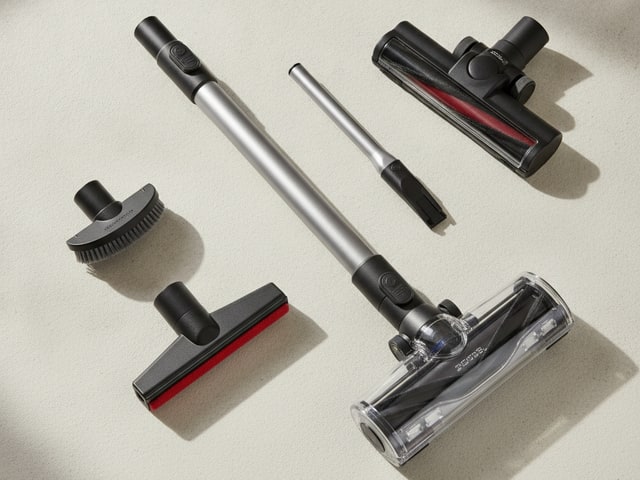 Flat-lay display of six common vacuum attachments including crevice tool, dusting brush, and motorized head