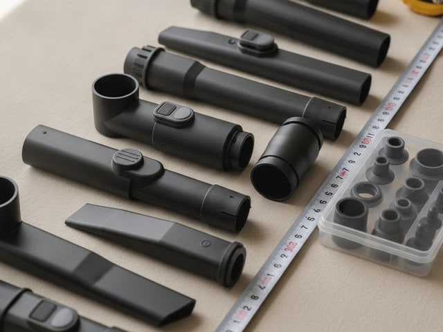 Various vacuum attachments with different connectors, sizing, and click-fit mechanisms displayed with measuring tape