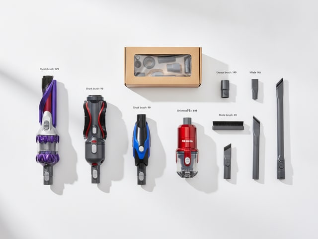 Flat-lay of vacuum attachments including adapter kits and motorized tools on white surface