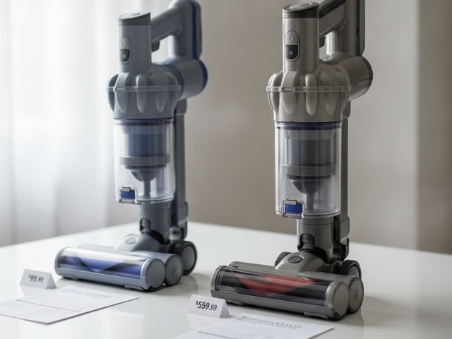 Budget cordless stick vacuum beside premium model with price tags and specification sheets