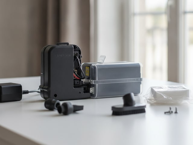 Vacuum battery compartment with replacement parts on white surface, showing accessible versus sealed components