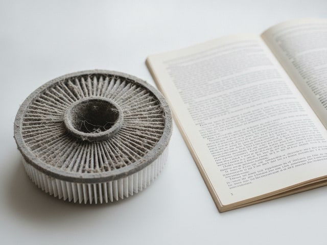 Clogged vacuum filter next to instruction manual with illegible text on white surface