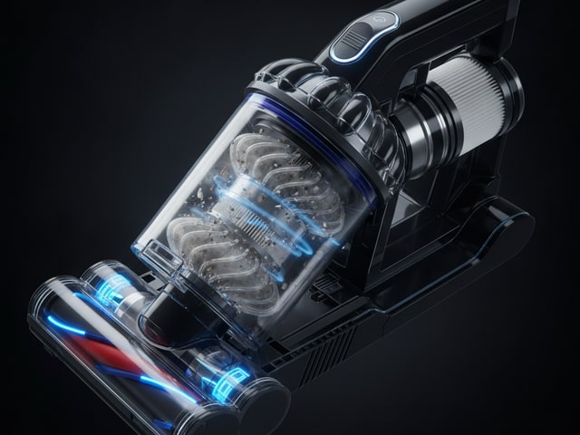 Cordless vacuum cutaway showing cyclone chambers, motor, filter, and blue airflow visualization