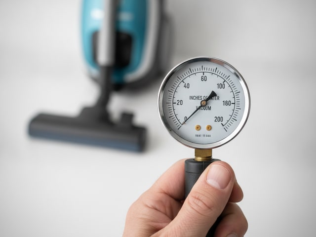 Hand holding pressure gauge measuring vacuum suction in inches of water