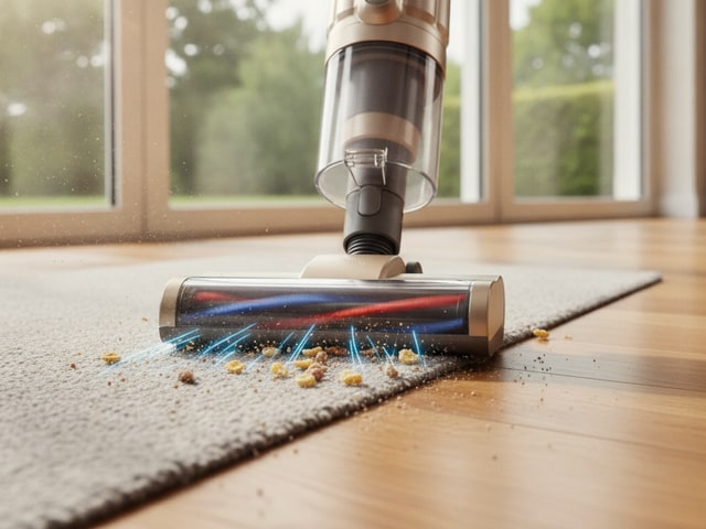 Cordless vacuum head with visible suction streaks cleaning carpet debris and crumbs