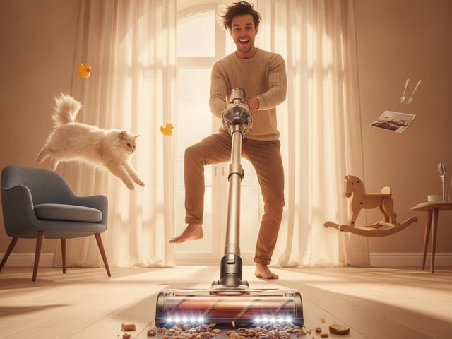 Man surfing on cordless vacuum with objects levitating, demonstrating exaggerated suction power claims