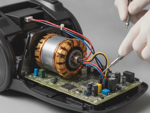 Close-up of vacuum motor and circuit board components under bright inspection lighting