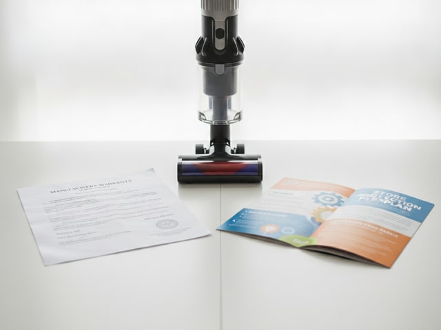 Manufacturer warranty document and store protection plan brochure displayed beside upright vacuum