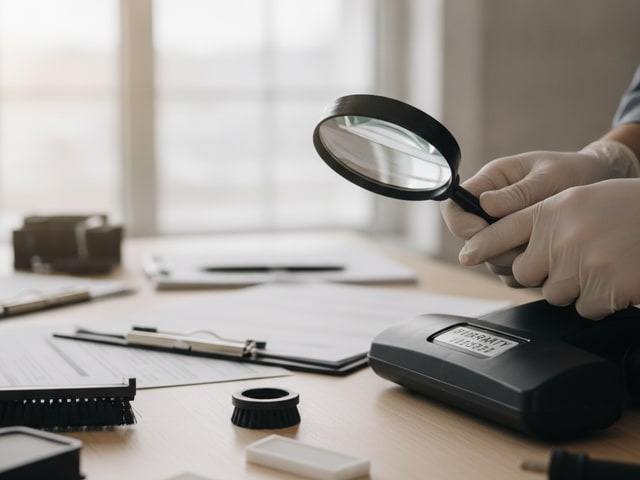 Technician verifying vacuum serial number with magnifying glass at service counter
