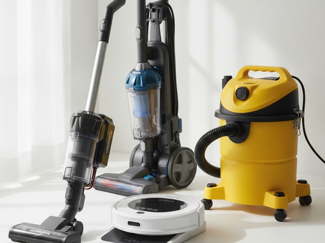 Four vacuum types displayed: cordless stick, robot, upright, and wet/dry shop vac